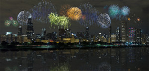 chicago skyline photo with fireworks