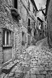 hilltop italian town black and white photograph